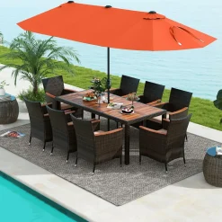 Tangkula 10 Piece Patio Rattan Dining Set with 15Ft Double-Sided Umbrella, Outdoor Acacia Wood Table and Wicker Chairs Set