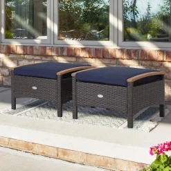 Tangkula 2 Piece Patio Rattan Ottomans, Outdoor Wicker Footstool