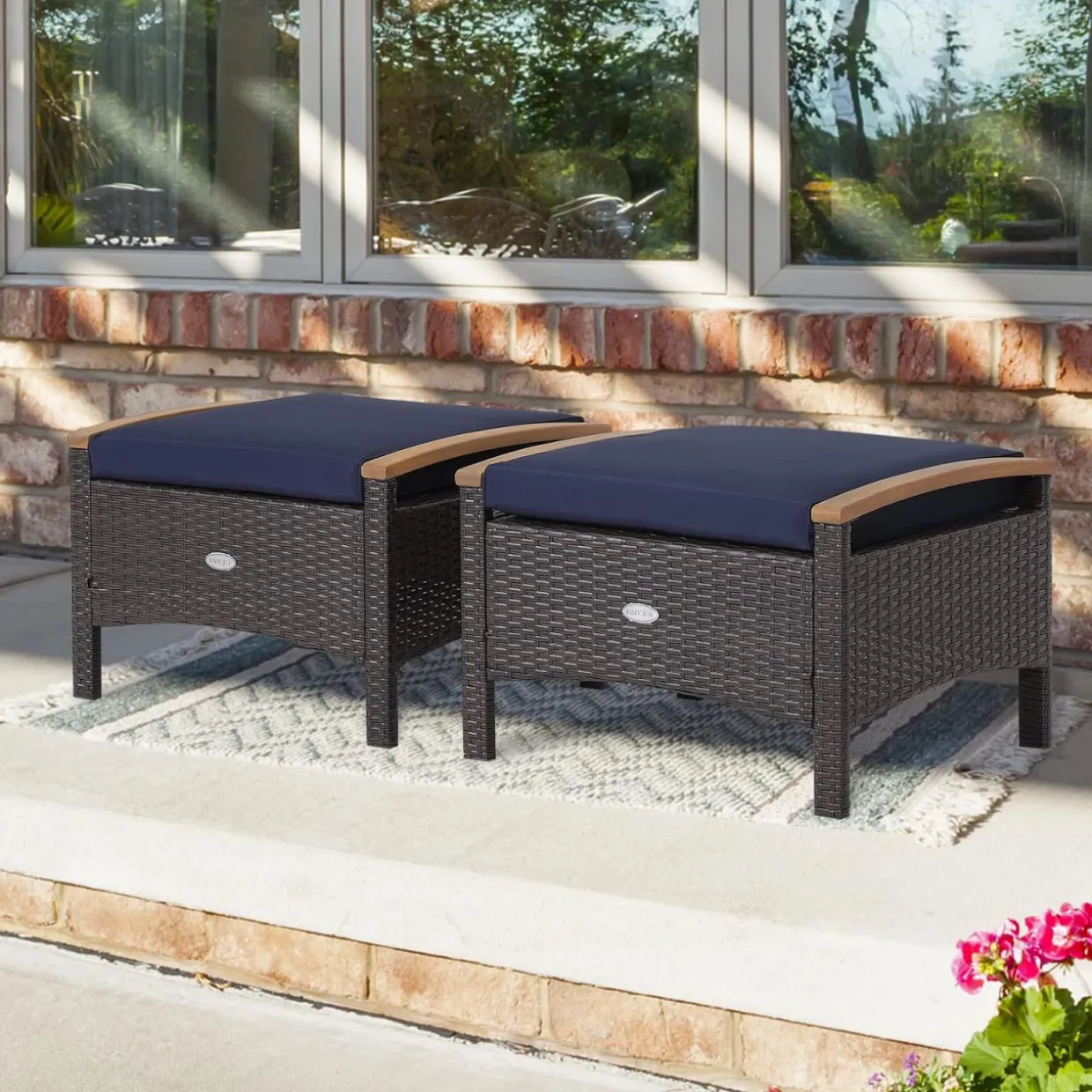 Tangkula 2 Piece Patio Rattan Ottomans, Outdoor Wicker Footstool