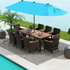 Tangkula 10 Piece Patio Rattan Dining Set with 15Ft Double-Sided Umbrella, Outdoor Acacia Wood Table and Wicker Chairs Set