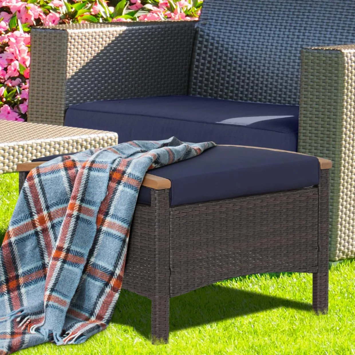 Tangkula 2 Piece Patio Rattan Ottomans, Outdoor Wicker Footstool