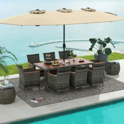 Tangkula 10 Piece Patio Rattan Dining Set with 15Ft Double-Sided Umbrella, Outdoor Acacia Wood Table and Wicker Chairs Set