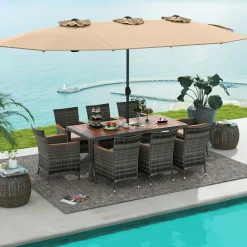 Tangkula 10 Piece Patio Rattan Dining Set with 15Ft Double-Sided Umbrella, Outdoor Acacia Wood Table and Wicker Chairs Set