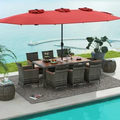 Tangkula 10 Piece Patio Rattan Dining Set with 15Ft Double-Sided Umbrella, Outdoor Acacia Wood Table and Wicker Chairs Set