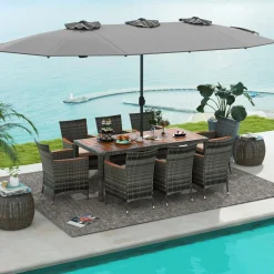 Tangkula 10 Piece Patio Rattan Dining Set with 15Ft Double-Sided Umbrella, Outdoor Acacia Wood Table and Wicker Chairs Set