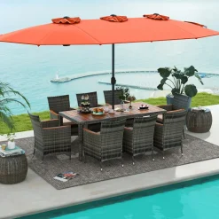 Tangkula 10 Piece Patio Rattan Dining Set with 15Ft Double-Sided Umbrella, Outdoor Acacia Wood Table and Wicker Chairs Set