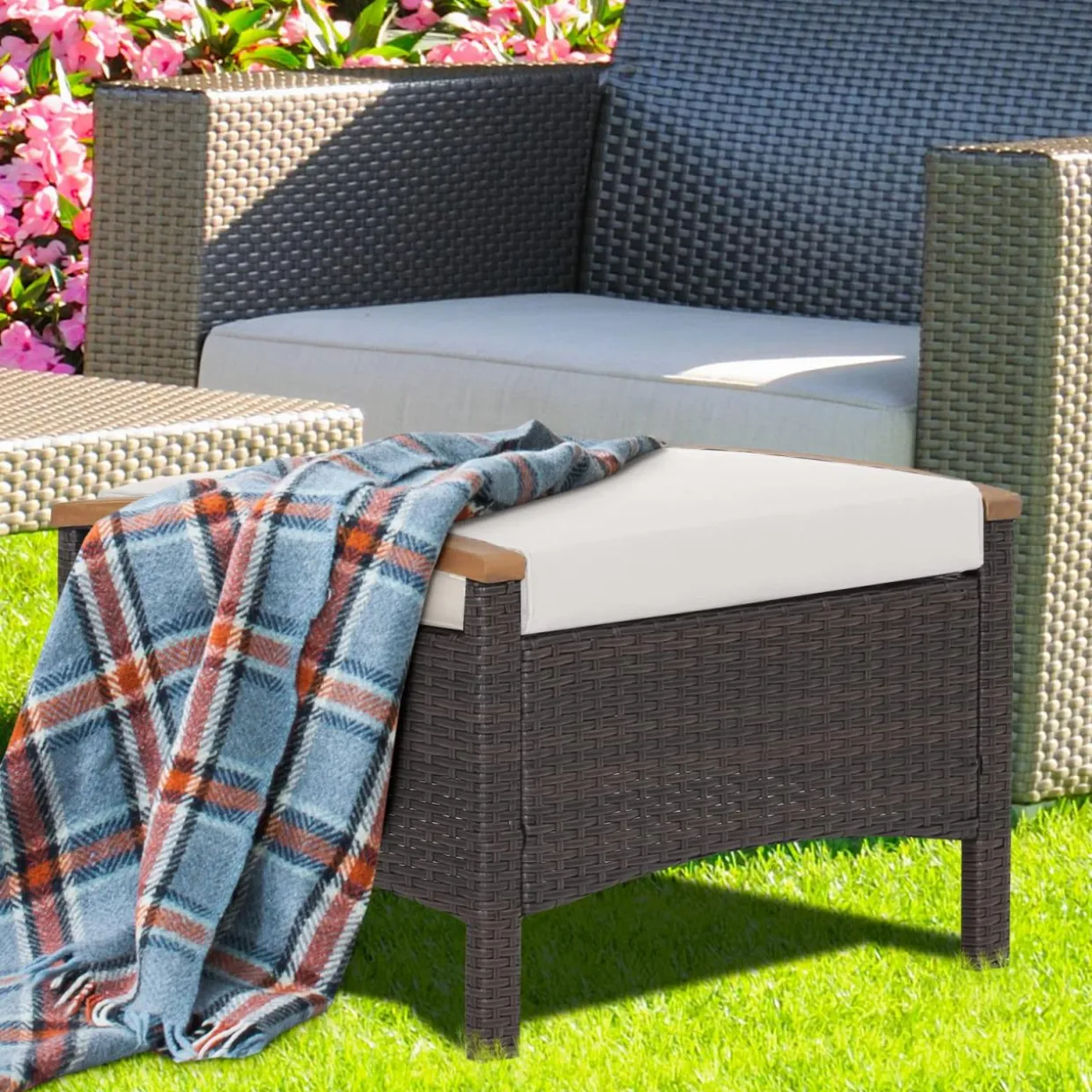 Tangkula 2 Piece Patio Rattan Ottomans, Outdoor Wicker Footstool