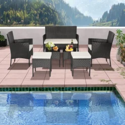 Tangkula 7 Piece Patio Rattan Sofa Set, Wicker Furniture Set with 2 Side Tables and 2 Ottomans, Solid Metal Frame, Soft Cushions