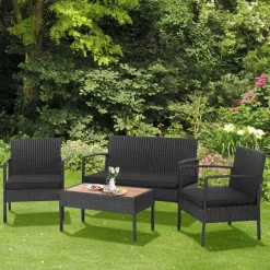 Tangkula 4 Piece Patio Rattan Conversation Set, Outdoor Wicker Sofa Furniture, Outside Sectional for Poolside, Deck, Garden