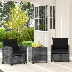 Tangkula 5 Piece Patio Rattan Furniture, Wicker Cushioned Chairs Set w/ 2 Ottomans & Tempered Glass Coffee Table