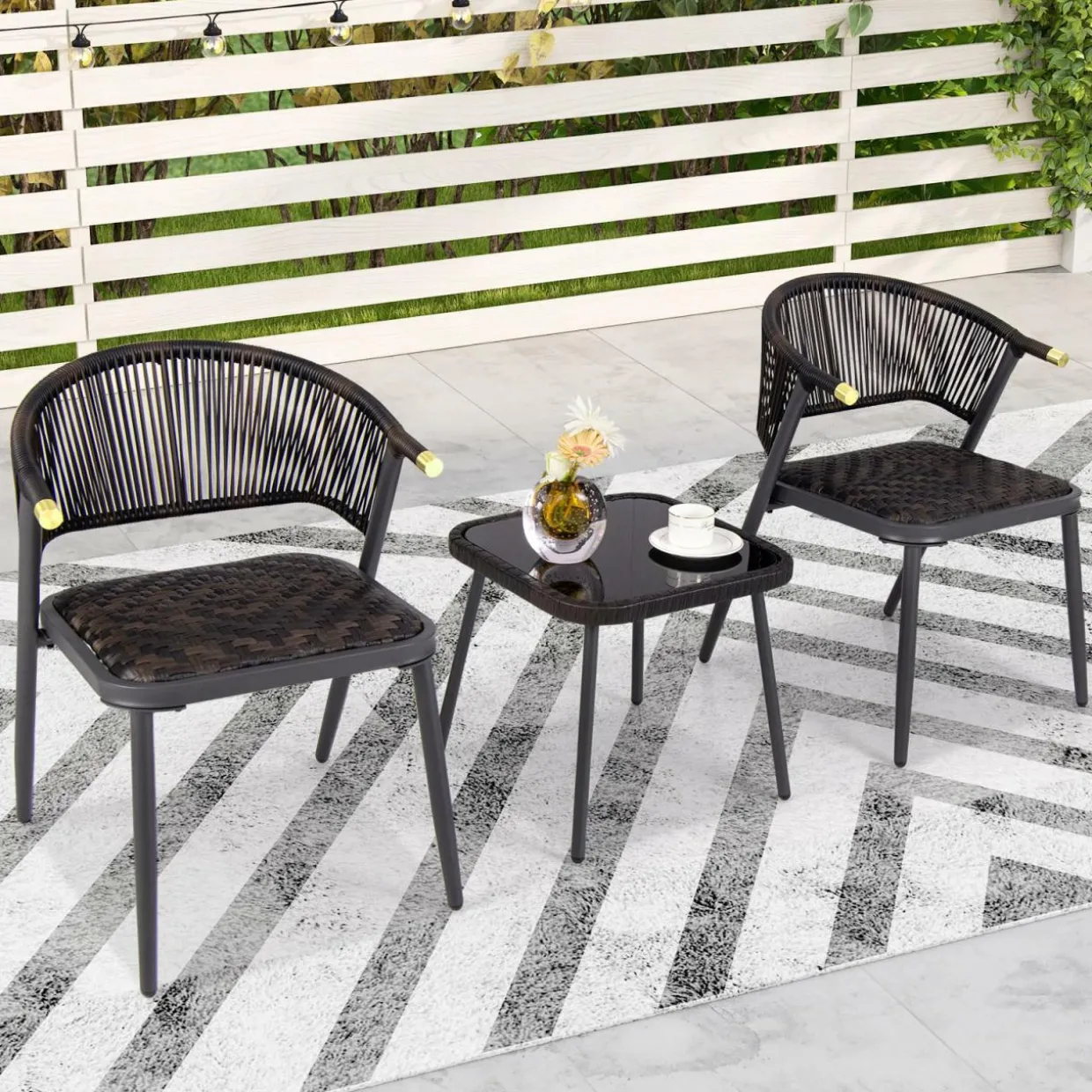 Tangkula 3 Piece Patio Rattan Furniture Set, Patiojoy Quick Dry Foam Padded Chairs w/Tempered Glass Tabletop