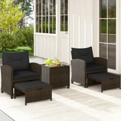 Tangkula 5 Piece Patio Rattan Furniture, Wicker Cushioned Chairs Set w/ 2 Ottomans & Tempered Glass Coffee Table