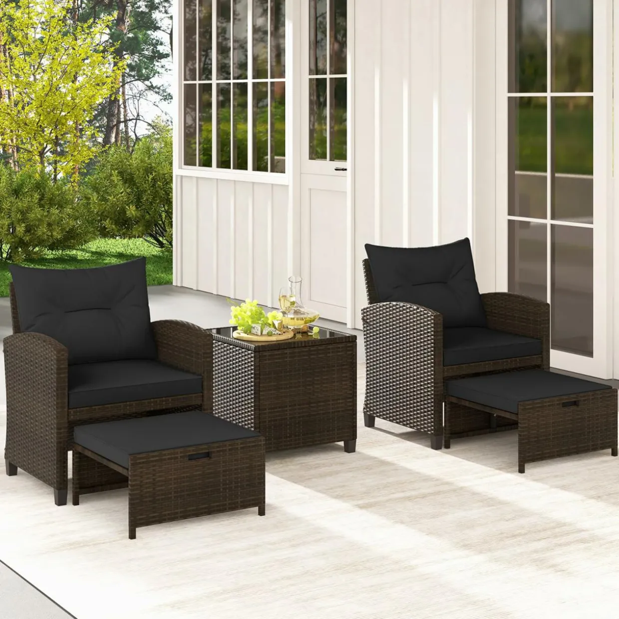 Tangkula 5 Piece Patio Rattan Furniture, Wicker Cushioned Chairs Set w/ 2 Ottomans & Tempered Glass Coffee Table