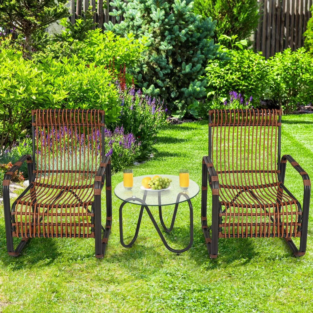Tangkula 3 Piece Patio Rattan Furniture Set, Includes 2 Single Wicker Chairs and Glass Side Table