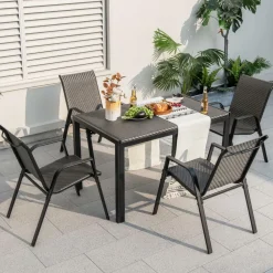 Tangkula 5 Piece Patio Rattan Dining Set, Outdoor Table & Chairs Set for 4, Machine Woven Wicker Tabletop & Seat (Brown)
