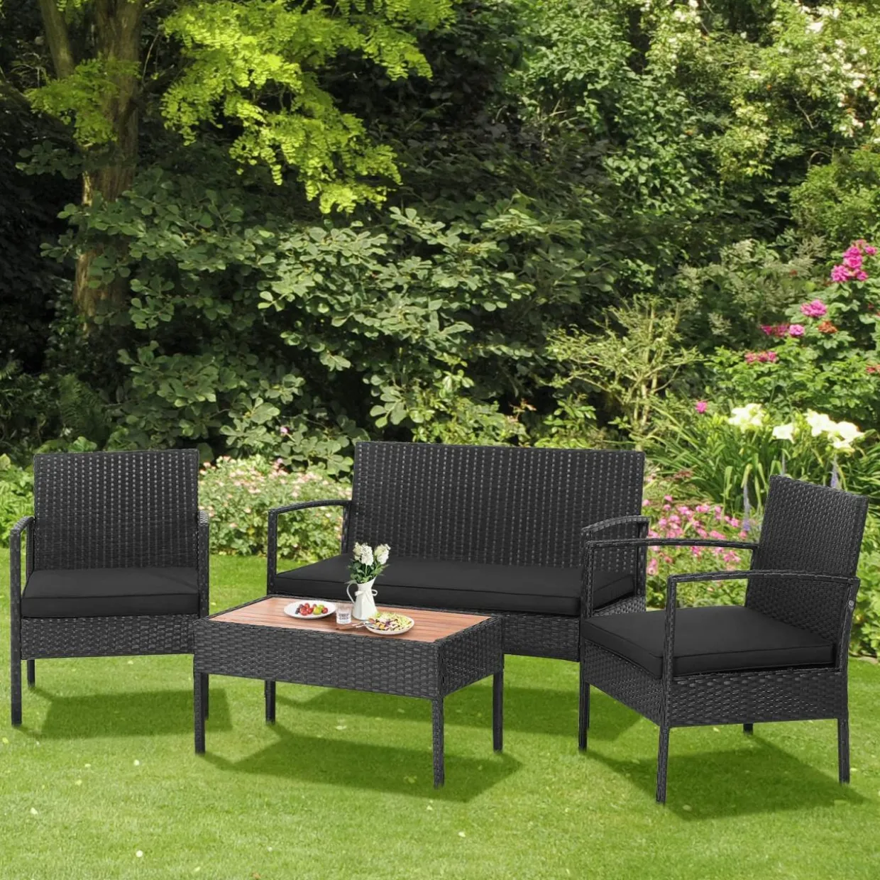 Tangkula 4 Piece Patio Rattan Conversation Set, Outdoor Wicker Sofa Furniture, Outside Sectional for Poolside, Deck, Garden
