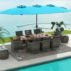Tangkula 10 Piece Patio Rattan Dining Set with 15Ft Double-Sided Umbrella, Outdoor Acacia Wood Table and Wicker Chairs Set