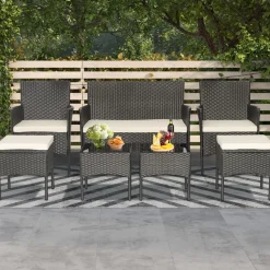 Tangkula 7 Piece Patio Rattan Sofa Set, Wicker Furniture Set with 2 Side Tables and 2 Ottomans, Solid Metal Frame, Soft Cushions