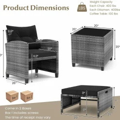 Tangkula 5 Piece Patio Rattan Furniture, Wicker Cushioned Chairs Set w/ 2 Ottomans & Tempered Glass Coffee Table