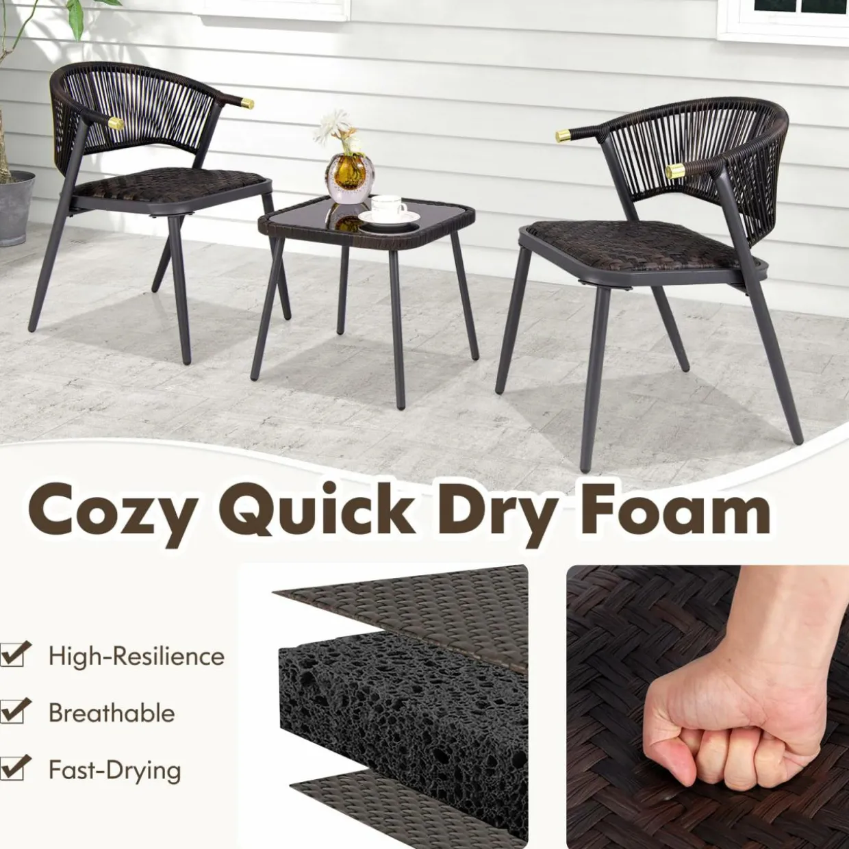 Tangkula 3 Piece Patio Rattan Furniture Set, Patiojoy Quick Dry Foam Padded Chairs w/Tempered Glass Tabletop