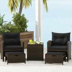 Tangkula 5 Piece Patio Rattan Furniture, Wicker Cushioned Chairs Set w/ 2 Ottomans & Tempered Glass Coffee Table