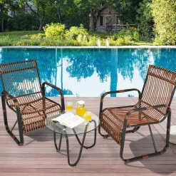 Tangkula 3 Piece Patio Rattan Furniture Set, Includes 2 Single Wicker Chairs and Glass Side Table
