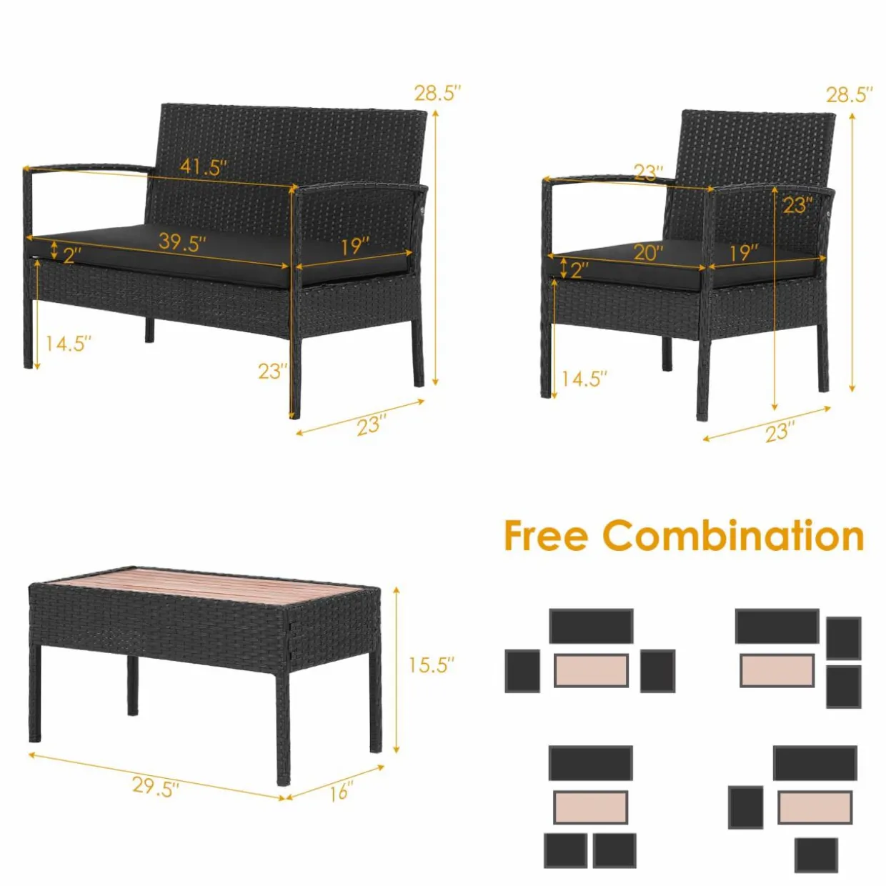 Tangkula 4 Piece Patio Rattan Conversation Set, Outdoor Wicker Sofa Furniture, Outside Sectional for Poolside, Deck, Garden