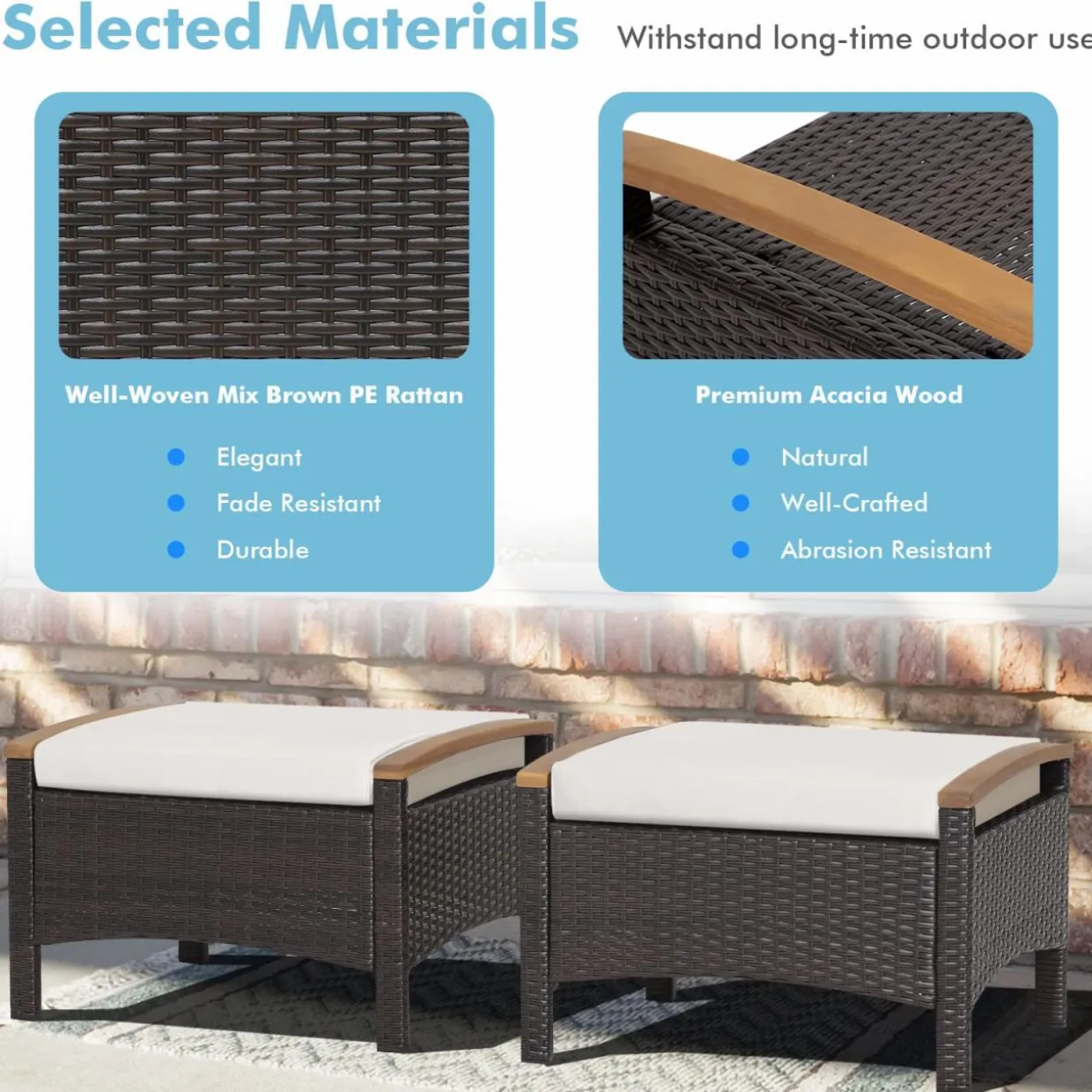Tangkula 2 Piece Patio Rattan Ottomans, Outdoor Wicker Footstool