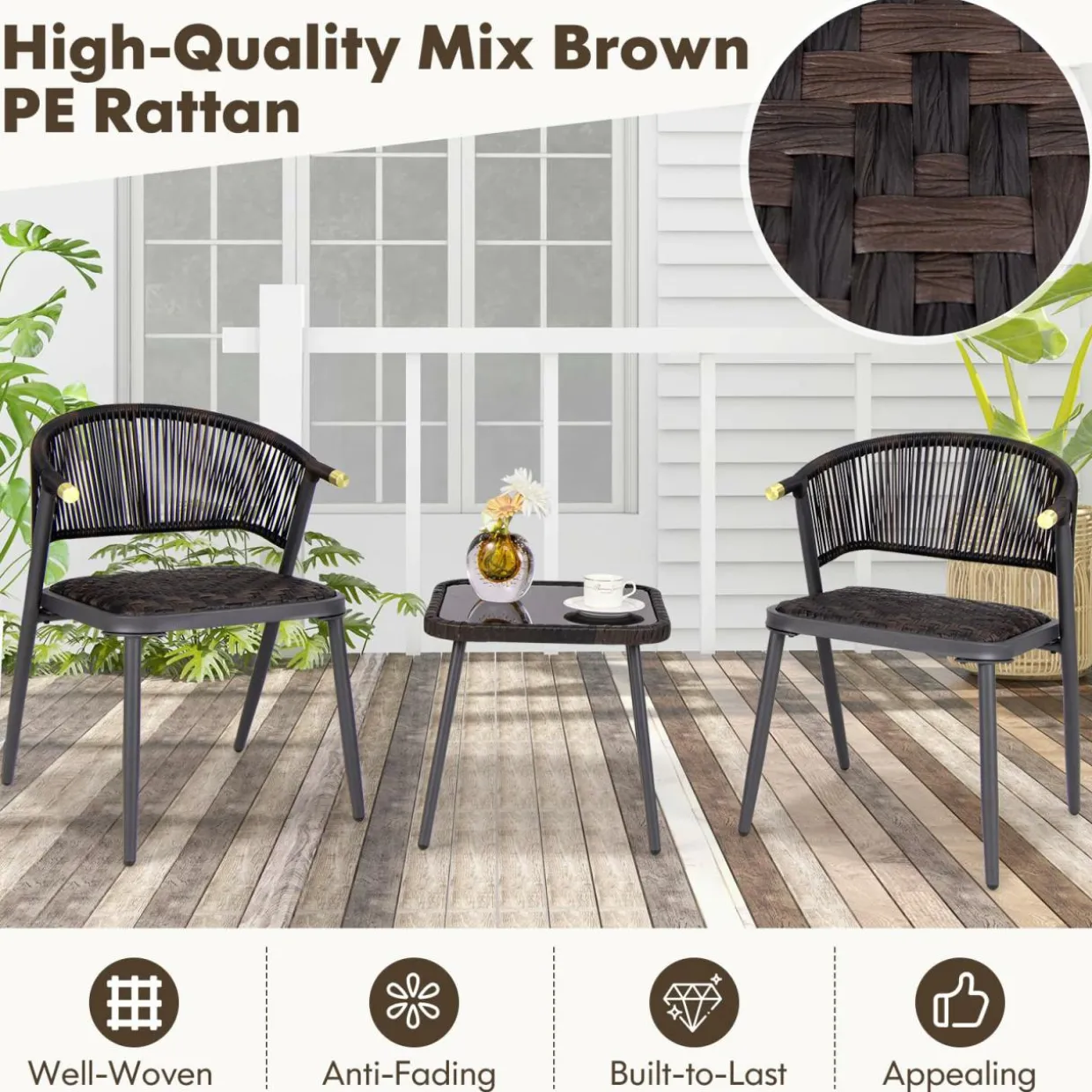 Tangkula 3 Piece Patio Rattan Furniture Set, Patiojoy Quick Dry Foam Padded Chairs w/Tempered Glass Tabletop