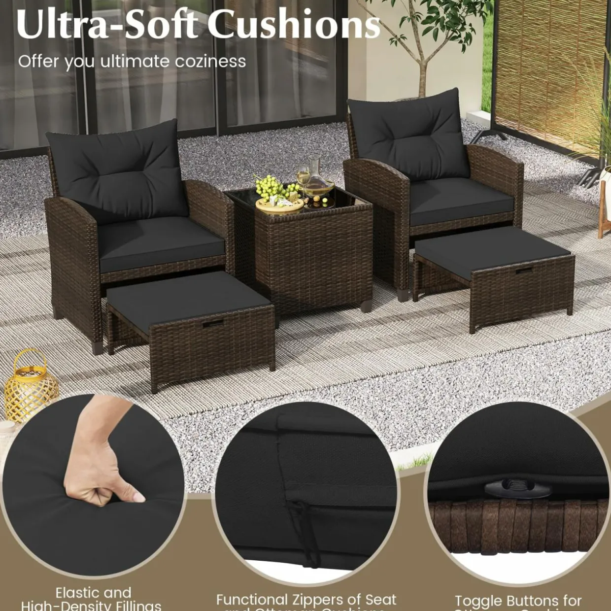 Tangkula 5 Piece Patio Rattan Furniture, Wicker Cushioned Chairs Set w/ 2 Ottomans & Tempered Glass Coffee Table