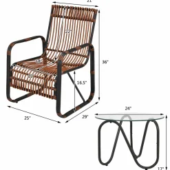 Tangkula 3 Piece Patio Rattan Furniture Set, Includes 2 Single Wicker Chairs and Glass Side Table
