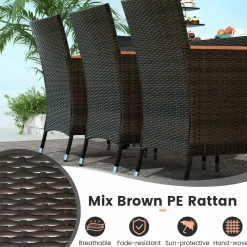 Tangkula 10 Piece Patio Rattan Dining Set with 15Ft Double-Sided Umbrella, Outdoor Acacia Wood Table and Wicker Chairs Set