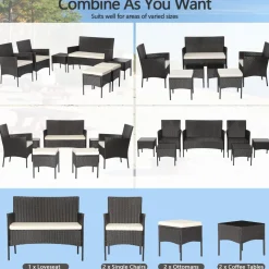 Tangkula 7 Piece Patio Rattan Sofa Set, Wicker Furniture Set with 2 Side Tables and 2 Ottomans, Solid Metal Frame, Soft Cushions