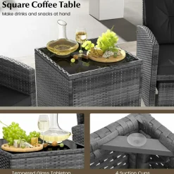 Tangkula 5 Piece Patio Rattan Furniture, Wicker Cushioned Chairs Set w/ 2 Ottomans & Tempered Glass Coffee Table