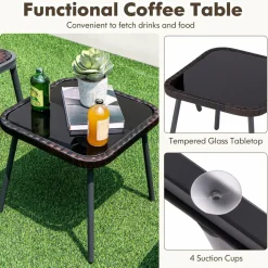 Tangkula 3 Piece Patio Rattan Furniture Set, Patiojoy Quick Dry Foam Padded Chairs w/Tempered Glass Tabletop