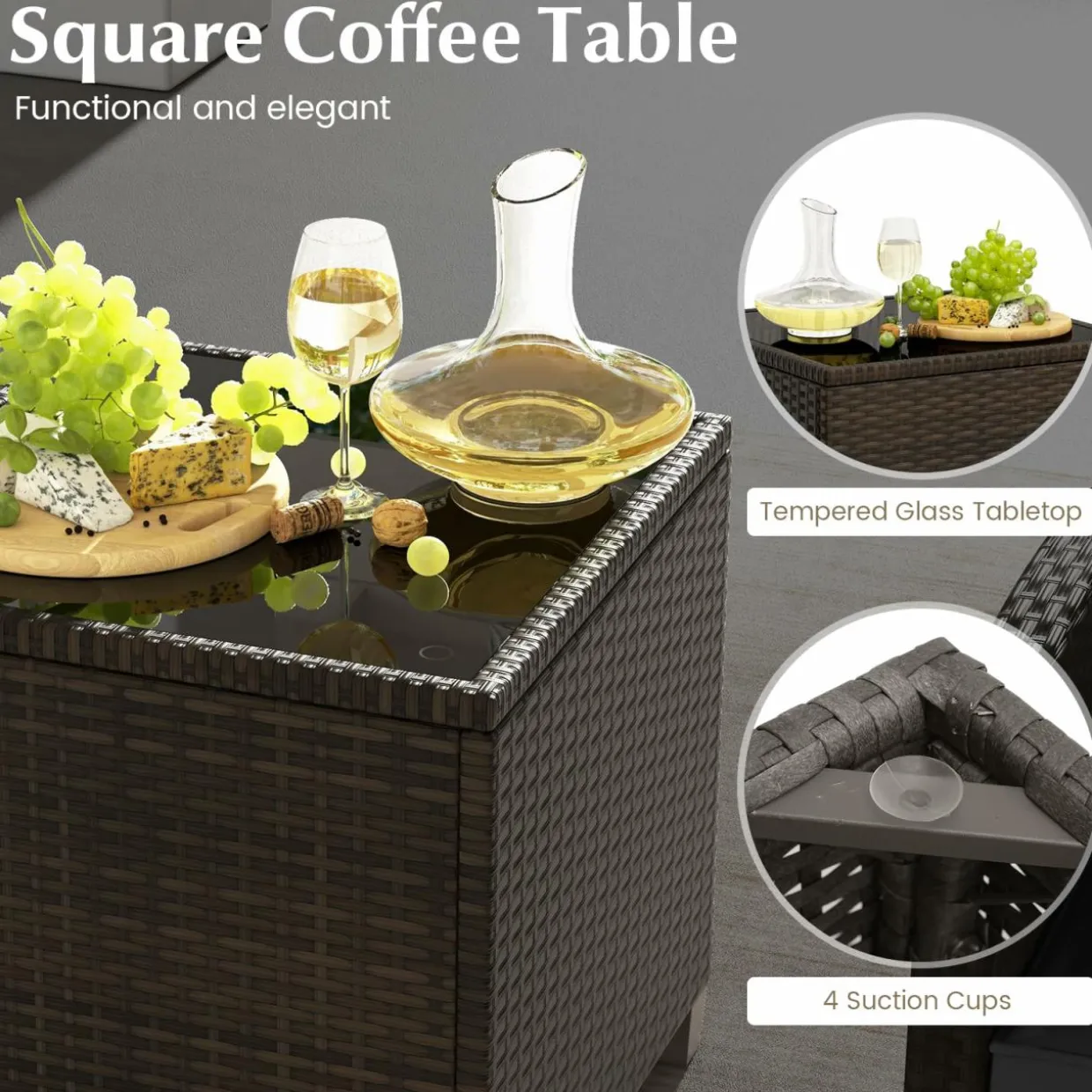 Tangkula 5 Piece Patio Rattan Furniture, Wicker Cushioned Chairs Set w/ 2 Ottomans & Tempered Glass Coffee Table