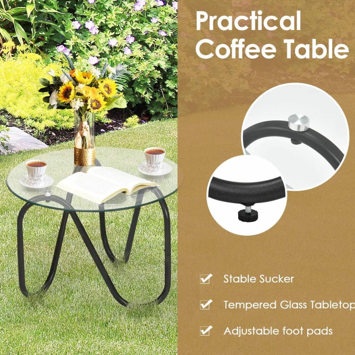 Tangkula 3 Piece Patio Rattan Furniture Set, Includes 2 Single Wicker Chairs and Glass Side Table