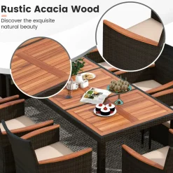 Tangkula 10 Piece Patio Rattan Dining Set with 15Ft Double-Sided Umbrella, Outdoor Acacia Wood Table and Wicker Chairs Set