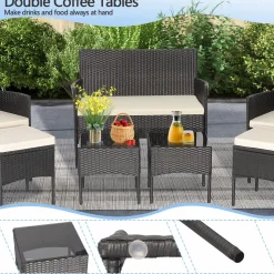 Tangkula 7 Piece Patio Rattan Sofa Set, Wicker Furniture Set with 2 Side Tables and 2 Ottomans, Solid Metal Frame, Soft Cushions