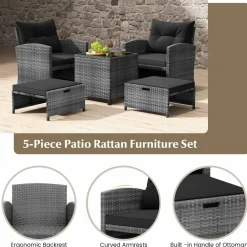Tangkula 5 Piece Patio Rattan Furniture, Wicker Cushioned Chairs Set w/ 2 Ottomans & Tempered Glass Coffee Table