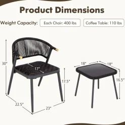 Tangkula 3 Piece Patio Rattan Furniture Set, Patiojoy Quick Dry Foam Padded Chairs w/Tempered Glass Tabletop