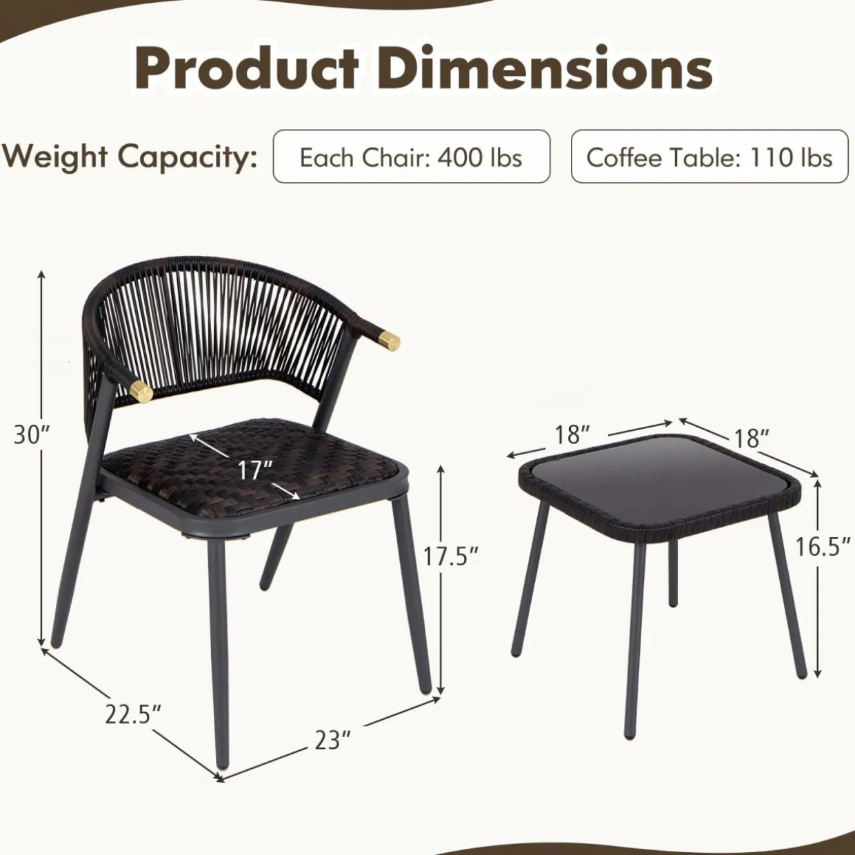 Tangkula 3 Piece Patio Rattan Furniture Set, Patiojoy Quick Dry Foam Padded Chairs w/Tempered Glass Tabletop