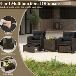 Tangkula 5 Piece Patio Rattan Furniture, Wicker Cushioned Chairs Set w/ 2 Ottomans & Tempered Glass Coffee Table