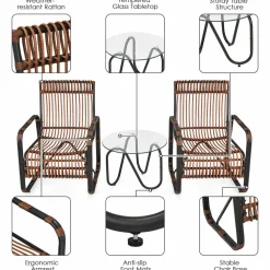 Tangkula 3 Piece Patio Rattan Furniture Set, Includes 2 Single Wicker Chairs and Glass Side Table