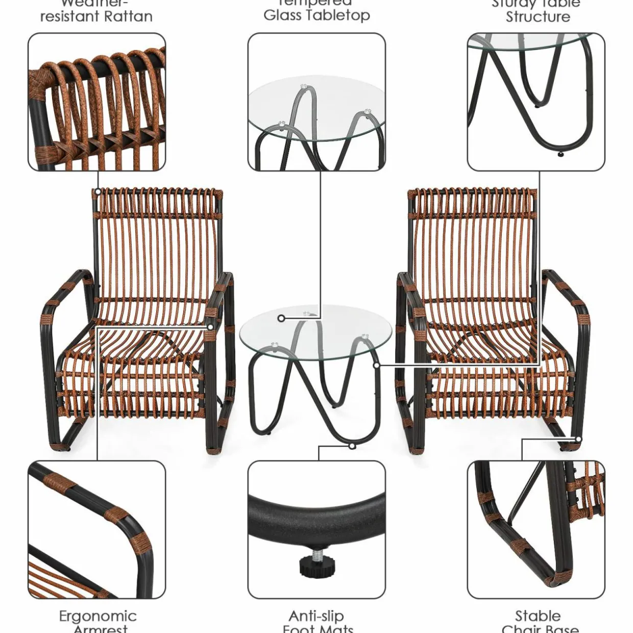 Tangkula 3 Piece Patio Rattan Furniture Set, Includes 2 Single Wicker Chairs and Glass Side Table