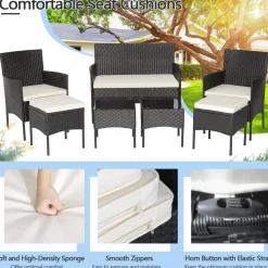Tangkula 7 Piece Patio Rattan Sofa Set, Wicker Furniture Set with 2 Side Tables and 2 Ottomans, Solid Metal Frame, Soft Cushions
