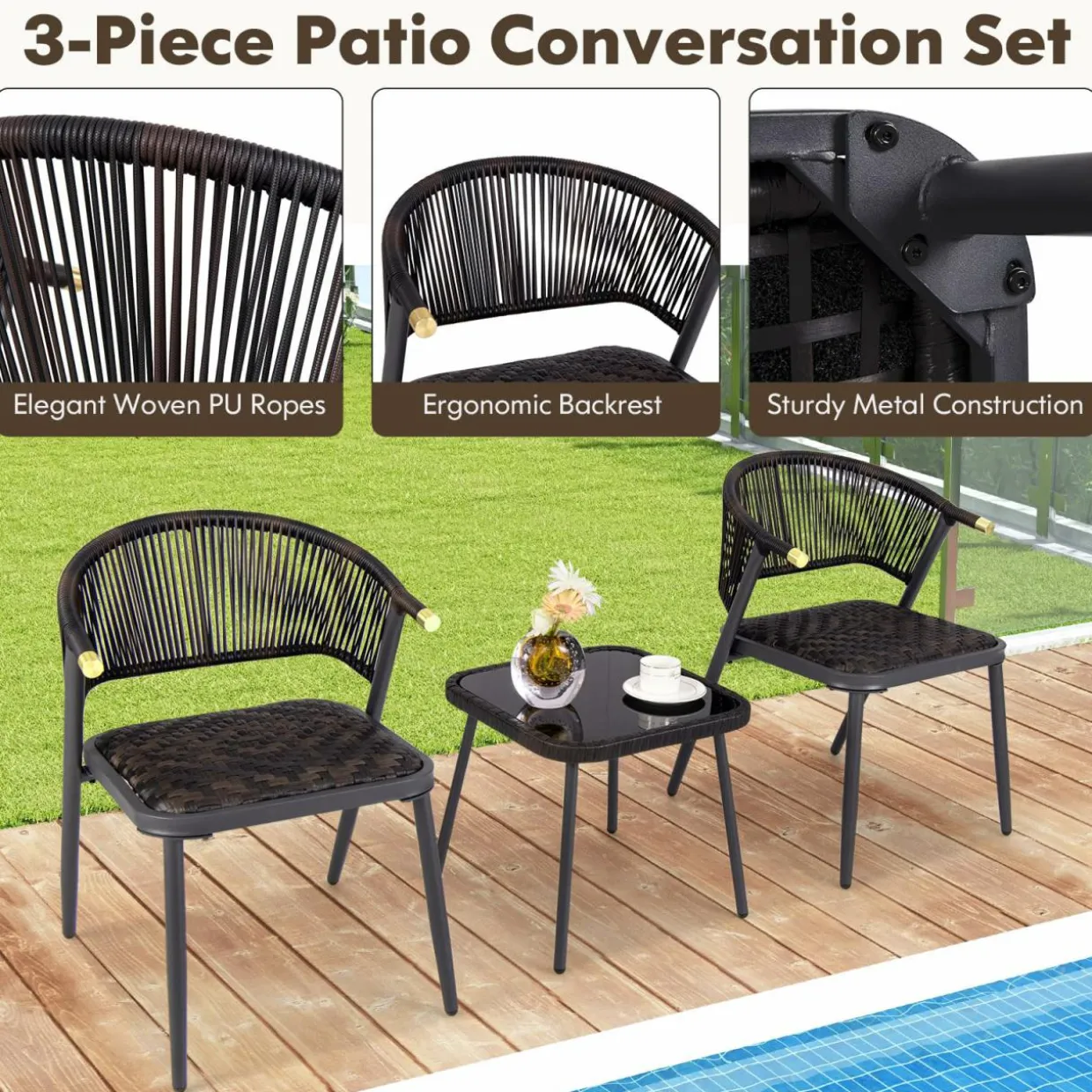 Tangkula 3 Piece Patio Rattan Furniture Set, Patiojoy Quick Dry Foam Padded Chairs w/Tempered Glass Tabletop