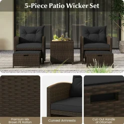 Tangkula 5 Piece Patio Rattan Furniture, Wicker Cushioned Chairs Set w/ 2 Ottomans & Tempered Glass Coffee Table