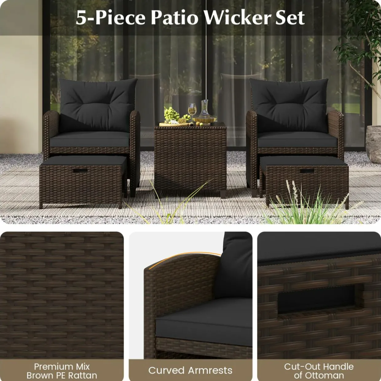 Tangkula 5 Piece Patio Rattan Furniture, Wicker Cushioned Chairs Set w/ 2 Ottomans & Tempered Glass Coffee Table