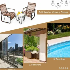 Tangkula 3 Piece Patio Rattan Furniture Set, Includes 2 Single Wicker Chairs and Glass Side Table